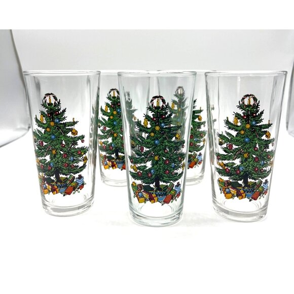 Vintage KIG Indonesia Set Of 5 Christmas Tree Drinking Glasses Holiday Design 8 - Picture 1 of 8